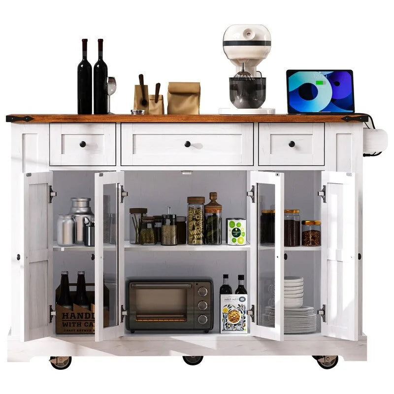 Îlot de cuisine avec abattant, 3 tiroirs et 5 étagères latérales ouvertes, chariot de cuisine à roulettes avec 2 portes d'armoire en verre trempé et prise électrique