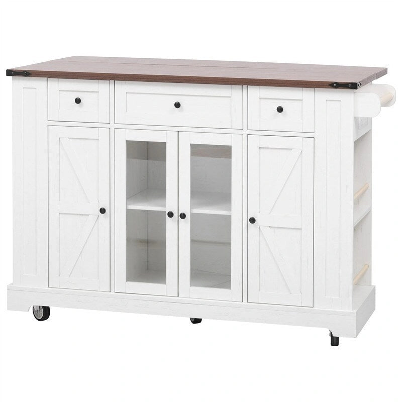 Îlot de cuisine avec abattant, 3 tiroirs et 5 étagères latérales ouvertes, chariot de cuisine à roulettes avec 2 portes d'armoire en verre trempé et prise électrique