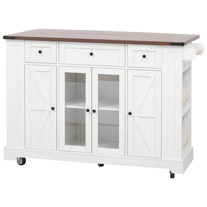 Îlot de cuisine avec abattant, 3 tiroirs et 5 étagères latérales ouvertes, chariot de cuisine à roulettes avec 2 portes d'armoire en verre trempé et prise électrique