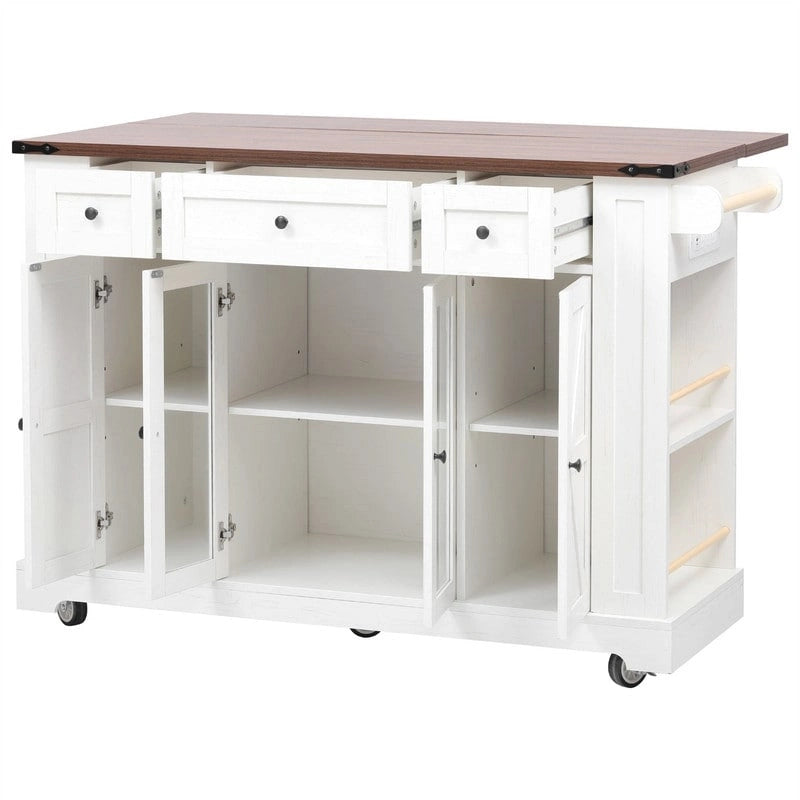 Îlot de cuisine avec abattant, 3 tiroirs et 5 étagères latérales ouvertes, chariot de cuisine à roulettes avec 2 portes d'armoire en verre trempé et prise électrique