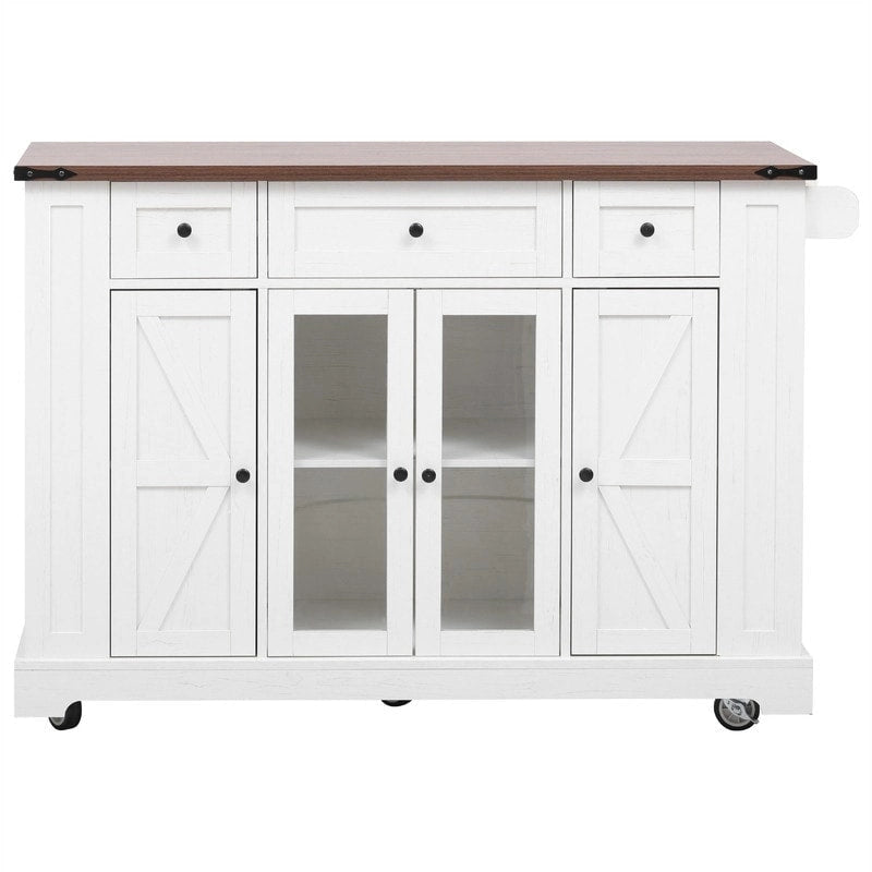 Îlot de cuisine avec abattant, 3 tiroirs et 5 étagères latérales ouvertes, chariot de cuisine à roulettes avec 2 portes d'armoire en verre trempé et prise électrique