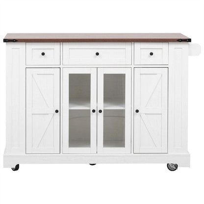 Îlot de cuisine avec abattant, 3 tiroirs et 5 étagères latérales ouvertes, chariot de cuisine à roulettes avec 2 portes d'armoire en verre trempé et prise électrique