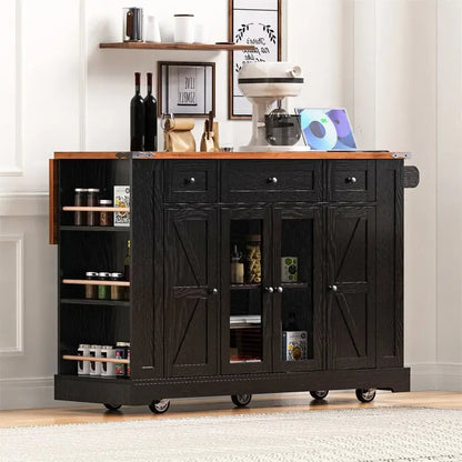 Îlot de cuisine avec abattant, 3 tiroirs et 5 étagères latérales ouvertes, chariot de cuisine à roulettes avec 2 portes d'armoire en verre trempé et prise électrique