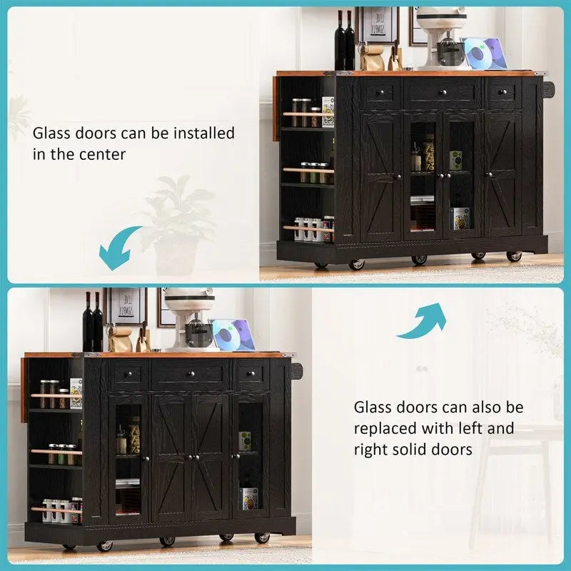 Îlot de cuisine avec abattant, 3 tiroirs et 5 étagères latérales ouvertes, chariot de cuisine à roulettes avec 2 portes d'armoire en verre trempé et prise électrique