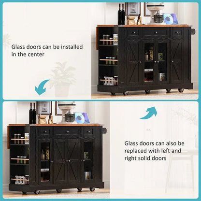 Îlot de cuisine avec abattant, 3 tiroirs et 5 étagères latérales ouvertes, chariot de cuisine à roulettes avec 2 portes d'armoire en verre trempé et prise électrique