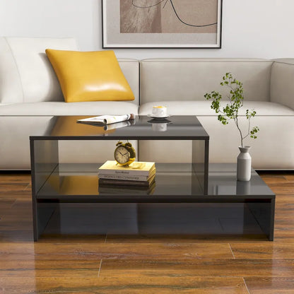 Table basse moderne et minimaliste à double niveau avec rangement ouvert, pour salon, noire