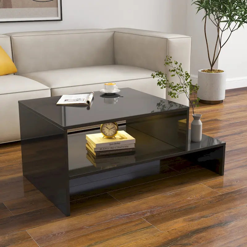 Table basse moderne et minimaliste à double niveau avec rangement ouvert, pour salon, noire