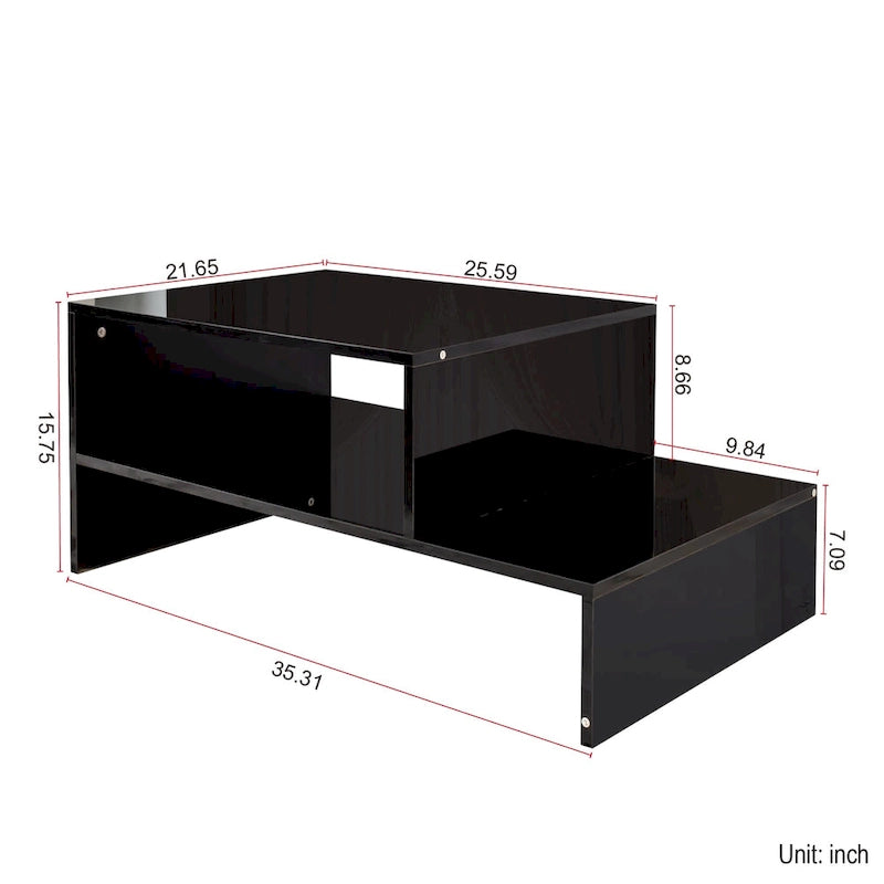 Table basse moderne et minimaliste à double niveau avec rangement ouvert, pour salon, noire