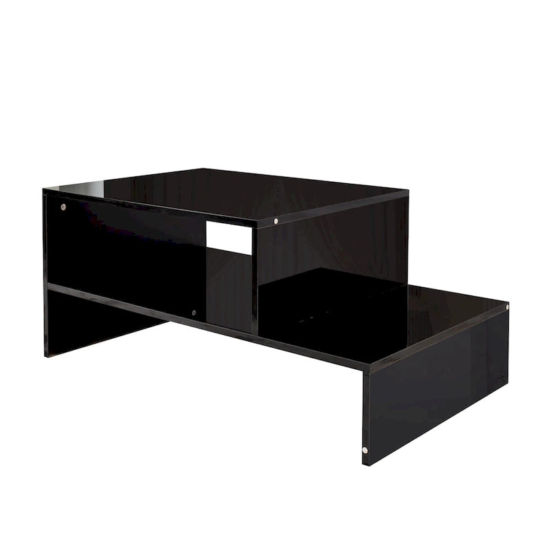 Table basse moderne et minimaliste à double niveau avec rangement ouvert, pour salon, noire