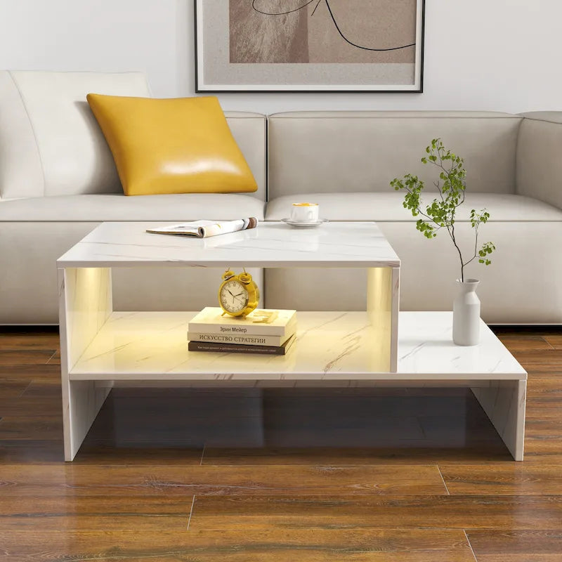 Table basse moderne et minimaliste à double niveau avec rangement ouvert, pour salon, noire