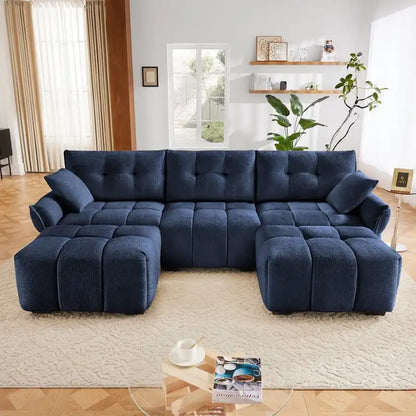 Canapé 3 places capitonné en chenille 110,2 cm, 2 poufs