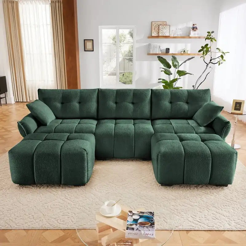 Canapé 3 places capitonné en chenille 110,2 cm, 2 poufs