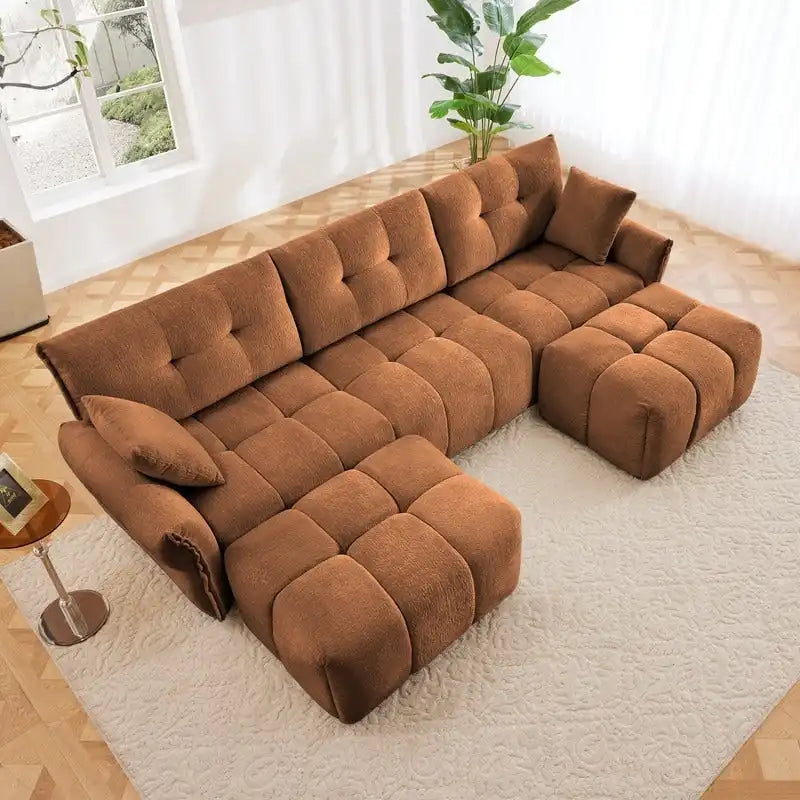 Canapé 3 places capitonné en chenille 110,2 cm, 2 poufs