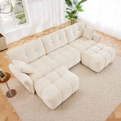 Canapé 3 places capitonné en chenille 110,2 cm, 2 poufs