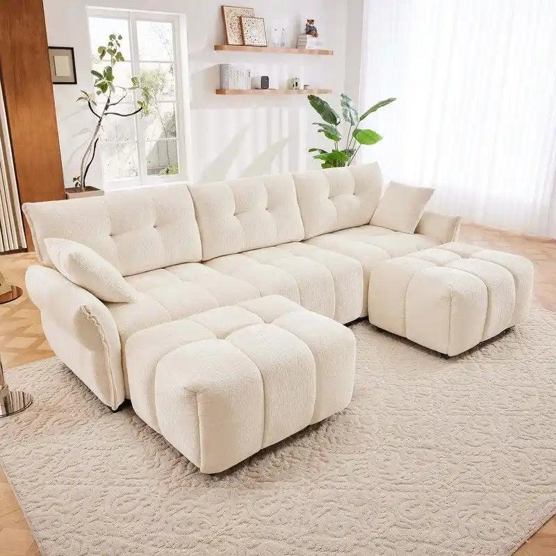 Canapé 3 places capitonné en chenille 110,2 cm, 2 poufs