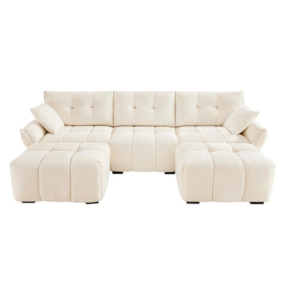 Canapé 3 places capitonné en chenille 110,2 cm, 2 poufs