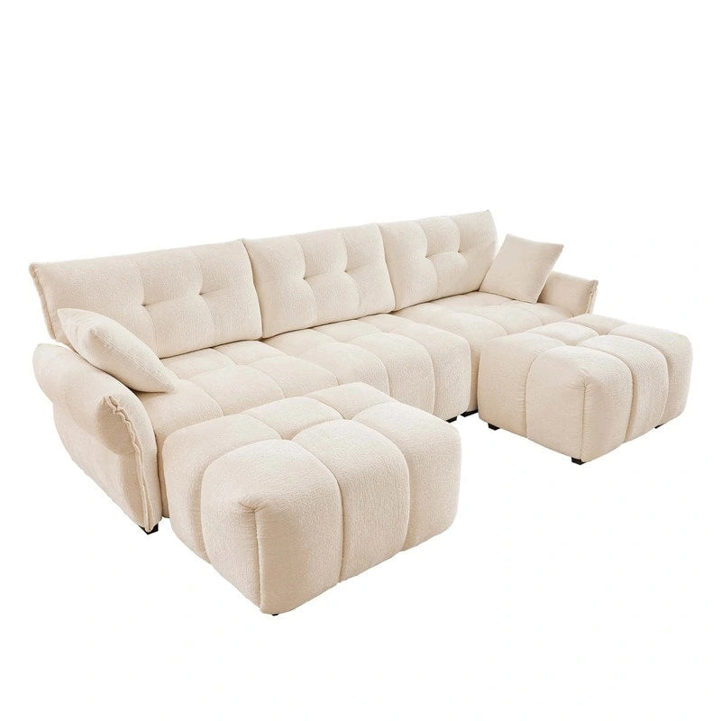 Canapé 3 places capitonné en chenille 110,2 cm, 2 poufs