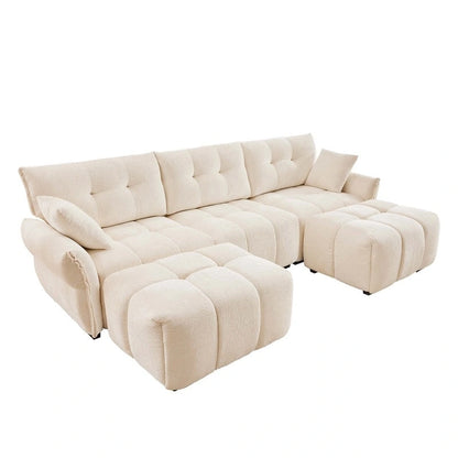 Canapé 3 places capitonné en chenille 110,2 cm, 2 poufs