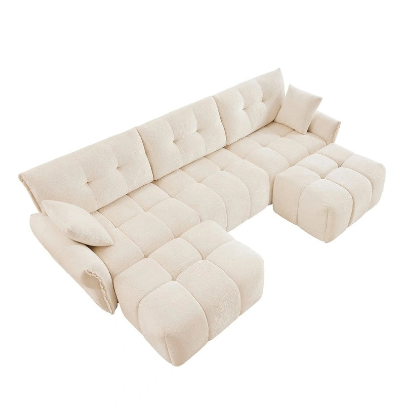 Canapé 3 places capitonné en chenille 110,2 cm, 2 poufs