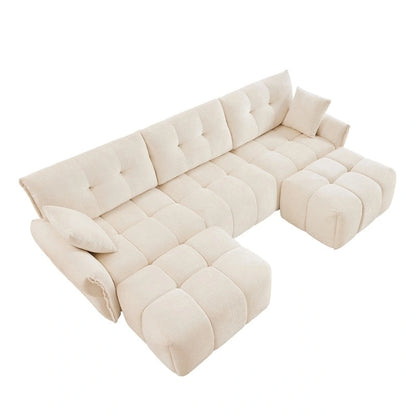 Canapé 3 places capitonné en chenille 110,2 cm, 2 poufs