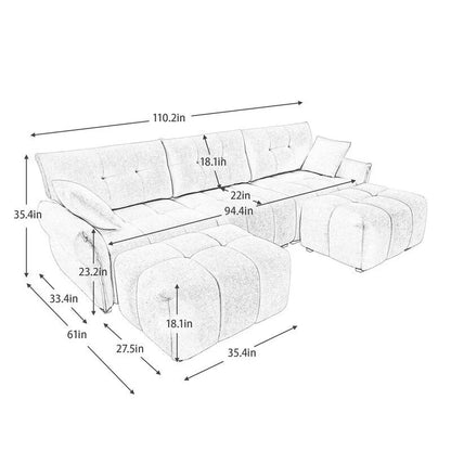 Canapé 3 places capitonné en chenille 110,2 cm, 2 poufs