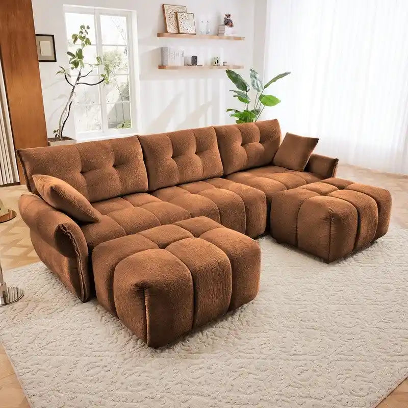 Canapé 3 places capitonné en chenille 110,2 cm, 2 poufs
