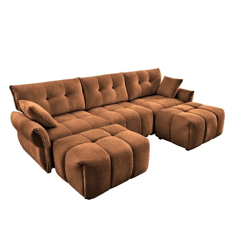 Canapé 3 places capitonné en chenille 110,2 cm, 2 poufs
