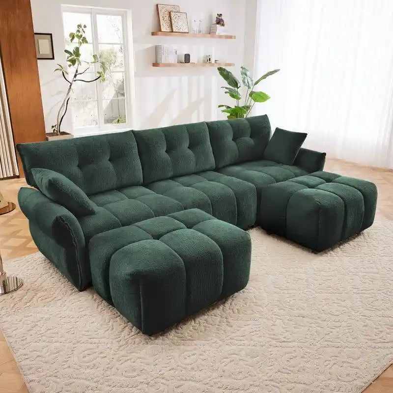 Canapé 3 places capitonné en chenille 110,2 cm, 2 poufs