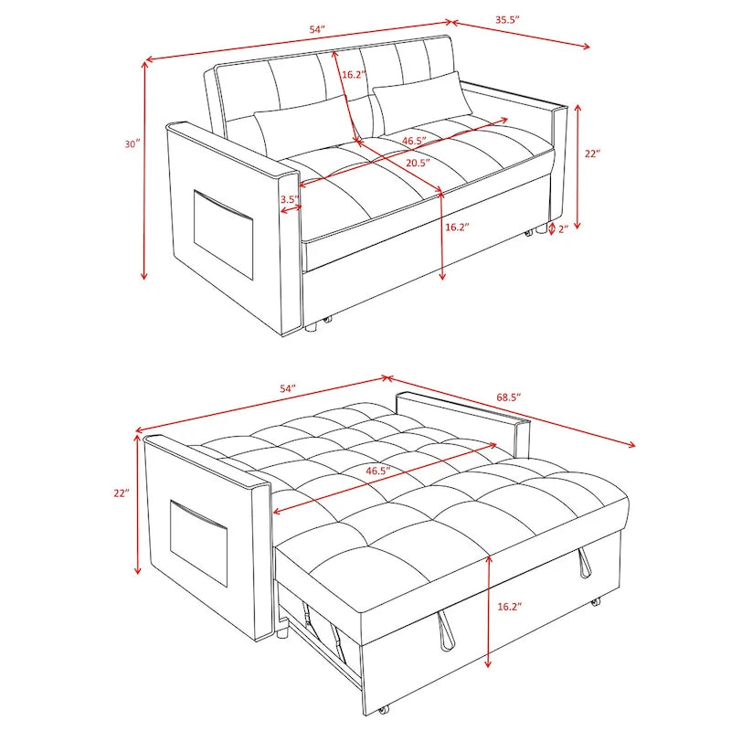 Canapé-lit futon convertible moderne, dossier réglable, supports pour accoudoirs