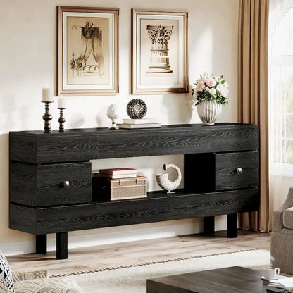 Console de 180 cm avec tiroirs de rangement, style campagnard, à deux niveaux, avec étagère d'exposition.