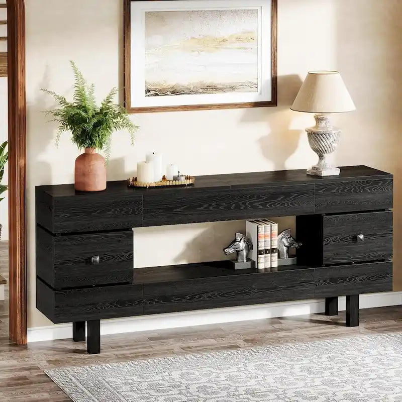 Console de 180 cm avec tiroirs de rangement, style campagnard, à deux niveaux, avec étagère d'exposition.