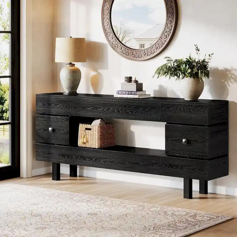 Console de 180 cm avec tiroirs de rangement, style campagnard, à deux niveaux, avec étagère d'exposition.