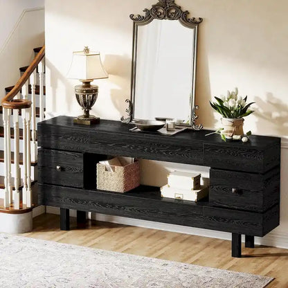 Console de 180 cm avec tiroirs de rangement, style campagnard, à deux niveaux, avec étagère d'exposition.