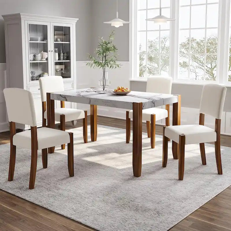Ensemble de salle à manger 5 pièces, ensemble de cuisine et salle à manger pour 4 personnes avec table style marbre imitation et 4 chaises rembourrées