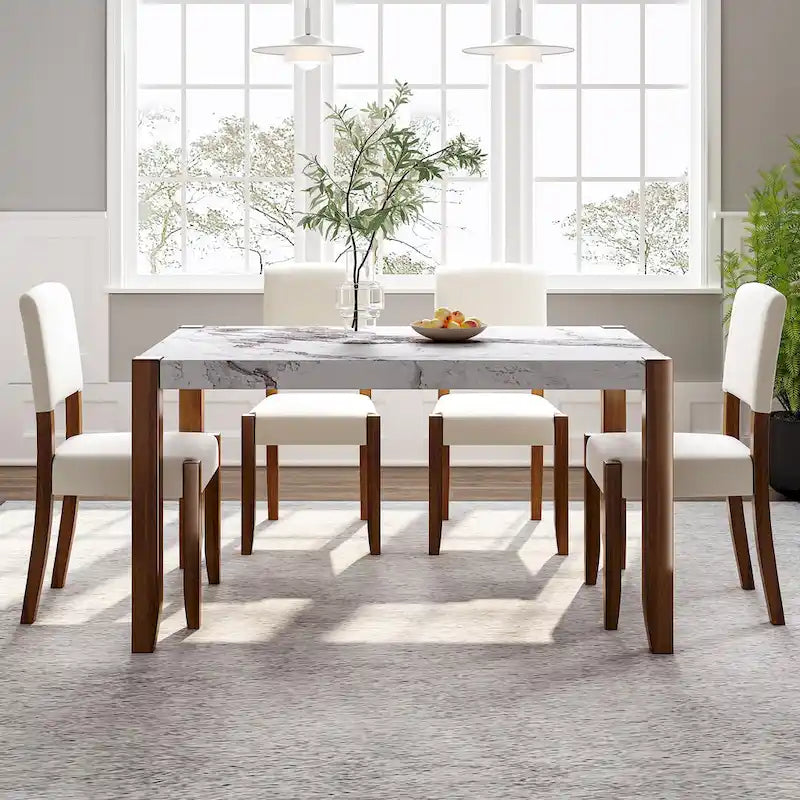 Ensemble de salle à manger 5 pièces, ensemble de cuisine et salle à manger pour 4 personnes avec table style marbre imitation et 4 chaises rembourrées