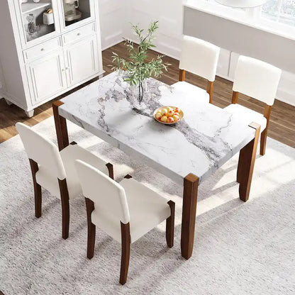 Ensemble de salle à manger 5 pièces, ensemble de cuisine et salle à manger pour 4 personnes avec table style marbre imitation et 4 chaises rembourrées