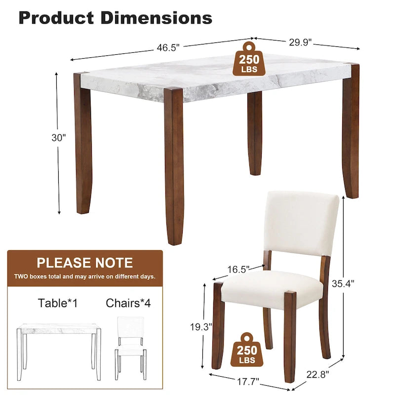Ensemble de salle à manger 5 pièces, ensemble de cuisine et salle à manger pour 4 personnes avec table style marbre imitation et 4 chaises rembourrées