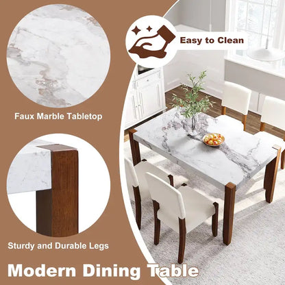 Ensemble de salle à manger 5 pièces, ensemble de cuisine et salle à manger pour 4 personnes avec table style marbre imitation et 4 chaises rembourrées