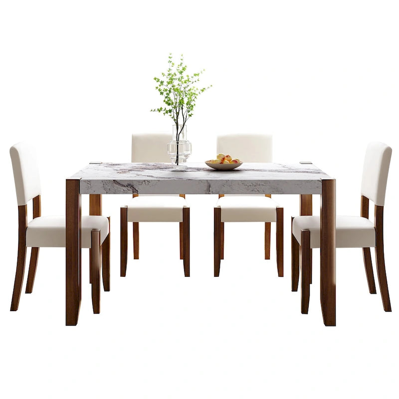 Ensemble de salle à manger 5 pièces, ensemble de cuisine et salle à manger pour 4 personnes avec table style marbre imitation et 4 chaises rembourrées