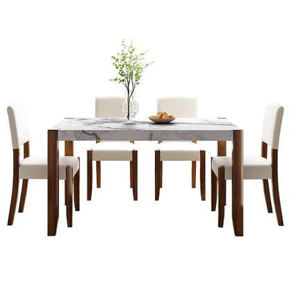 Ensemble de salle à manger 5 pièces, ensemble de cuisine et salle à manger pour 4 personnes avec table style marbre imitation et 4 chaises rembourrées