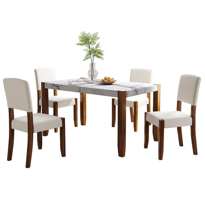 Ensemble de salle à manger 5 pièces, ensemble de cuisine et salle à manger pour 4 personnes avec table style marbre imitation et 4 chaises rembourrées