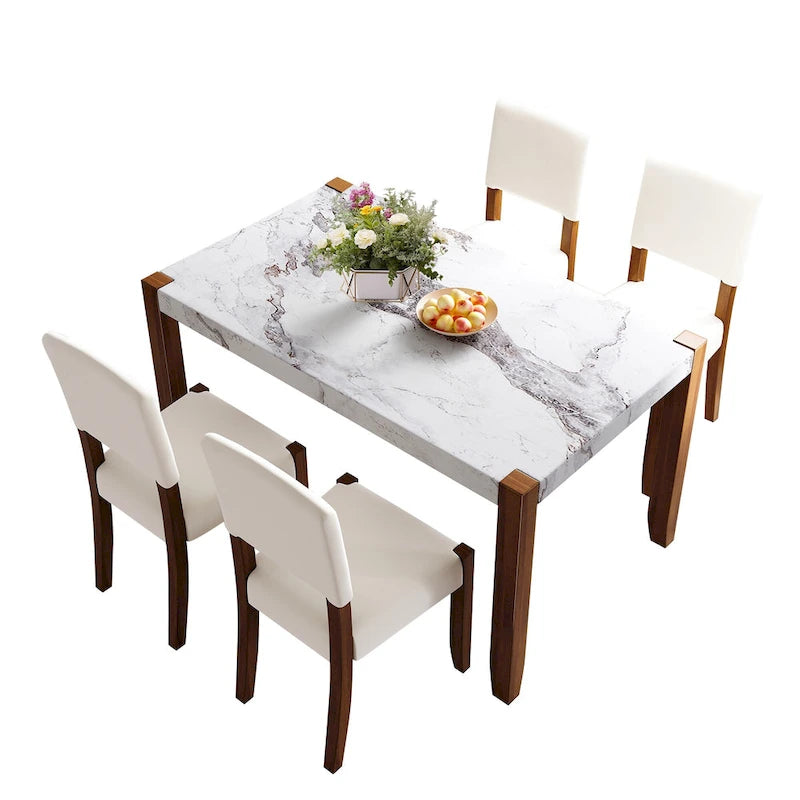 Ensemble de salle à manger 5 pièces, ensemble de cuisine et salle à manger pour 4 personnes avec table style marbre imitation et 4 chaises rembourrées
