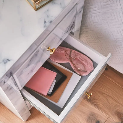 Table de chevet moderne en marbre et verre trempé avec 3 tiroirs, meuble de rangement, table d'appoint minimaliste et pratique pour canapé