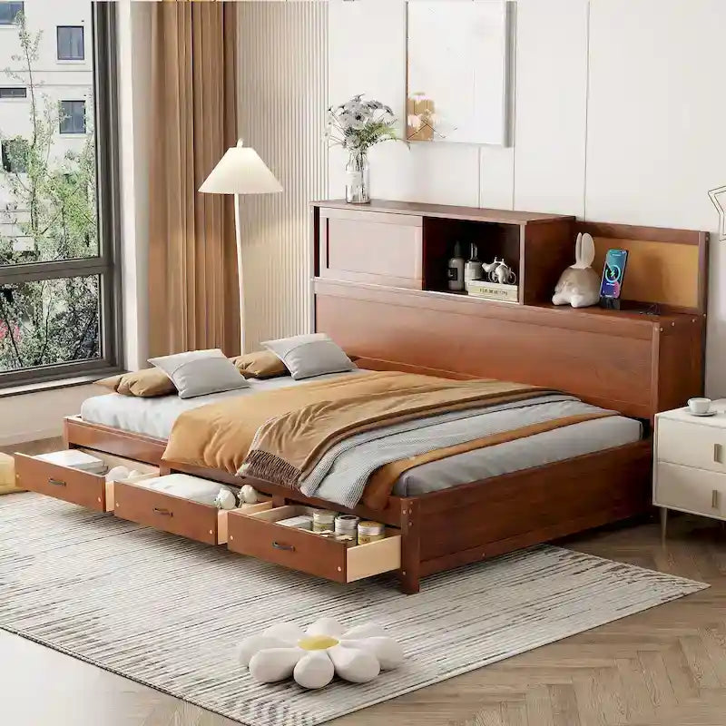 Lit capitaine tout-en-un avec prises et ports USB intégrés, méridienne en bois, 3 tiroirs inférieurs et armoire de rangement supérieure à ouverture par pression.