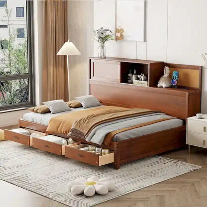 Lit capitaine tout-en-un avec prises et ports USB intégrés, méridienne en bois, 3 tiroirs inférieurs et armoire de rangement supérieure à ouverture par pression.