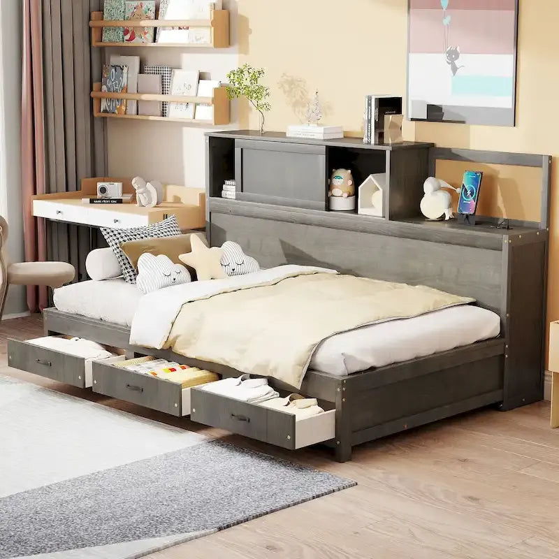 Lit capitaine tout-en-un avec prises et ports USB intégrés, méridienne en bois, 3 tiroirs inférieurs et armoire de rangement supérieure à ouverture par pression.