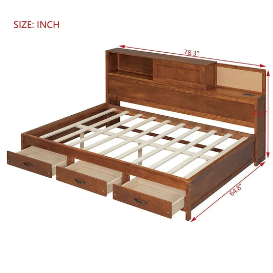 Lit capitaine tout-en-un avec prises et ports USB intégrés, méridienne en bois, 3 tiroirs inférieurs et armoire de rangement supérieure à ouverture par pression.