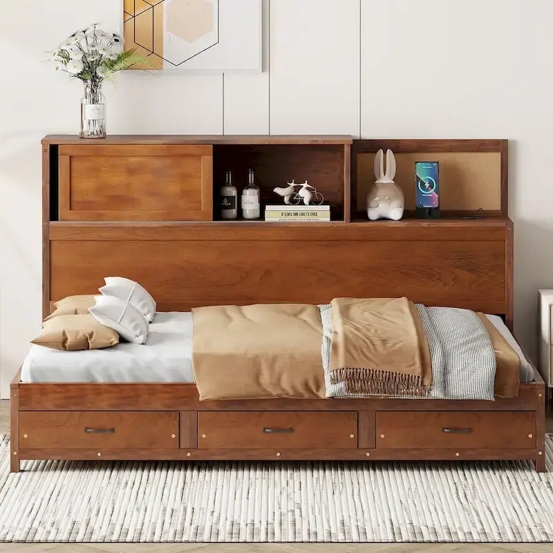 Lit capitaine tout-en-un avec prises et ports USB intégrés, méridienne en bois, 3 tiroirs inférieurs et armoire de rangement supérieure à ouverture par pression.
