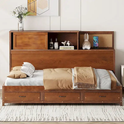 Lit capitaine tout-en-un avec prises et ports USB intégrés, méridienne en bois, 3 tiroirs inférieurs et armoire de rangement supérieure à ouverture par pression.