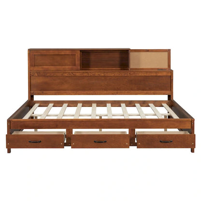 Lit capitaine tout-en-un avec prises et ports USB intégrés, méridienne en bois, 3 tiroirs inférieurs et armoire de rangement supérieure à ouverture par pression.